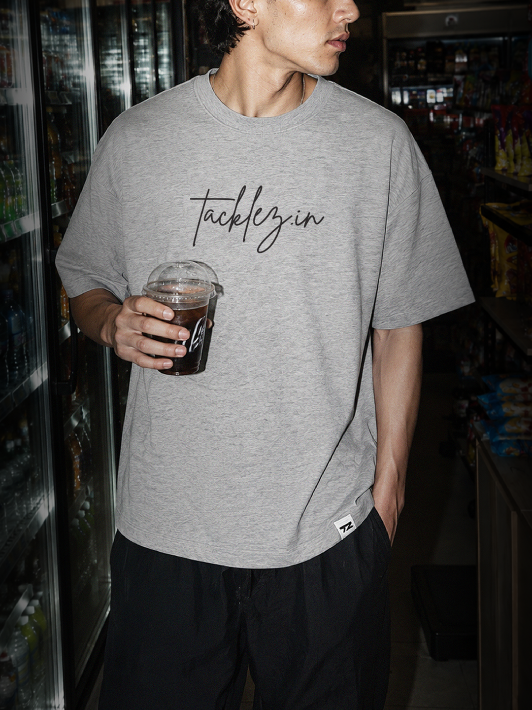 Grey Melange Oversized T-Shirt – Drop Shoulder, Unisex - Image 3